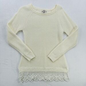 Hippie Rose Sweater Womens Small Ivory Knit Pullover Lace Hem Long Sleeve Boho
